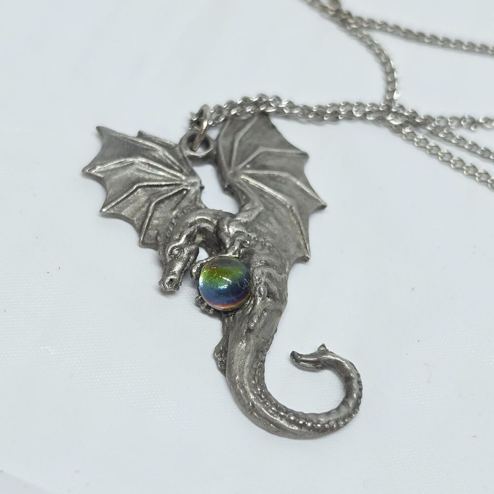 Gallo Dragon With Iridescent Crystal Ball Pewter Pendant Necklace Fantasy Mystic